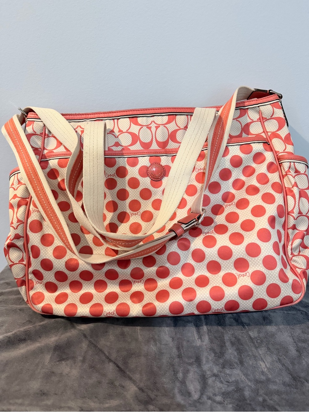 Coach Coral Polka Dot Canvas Diaper Bag